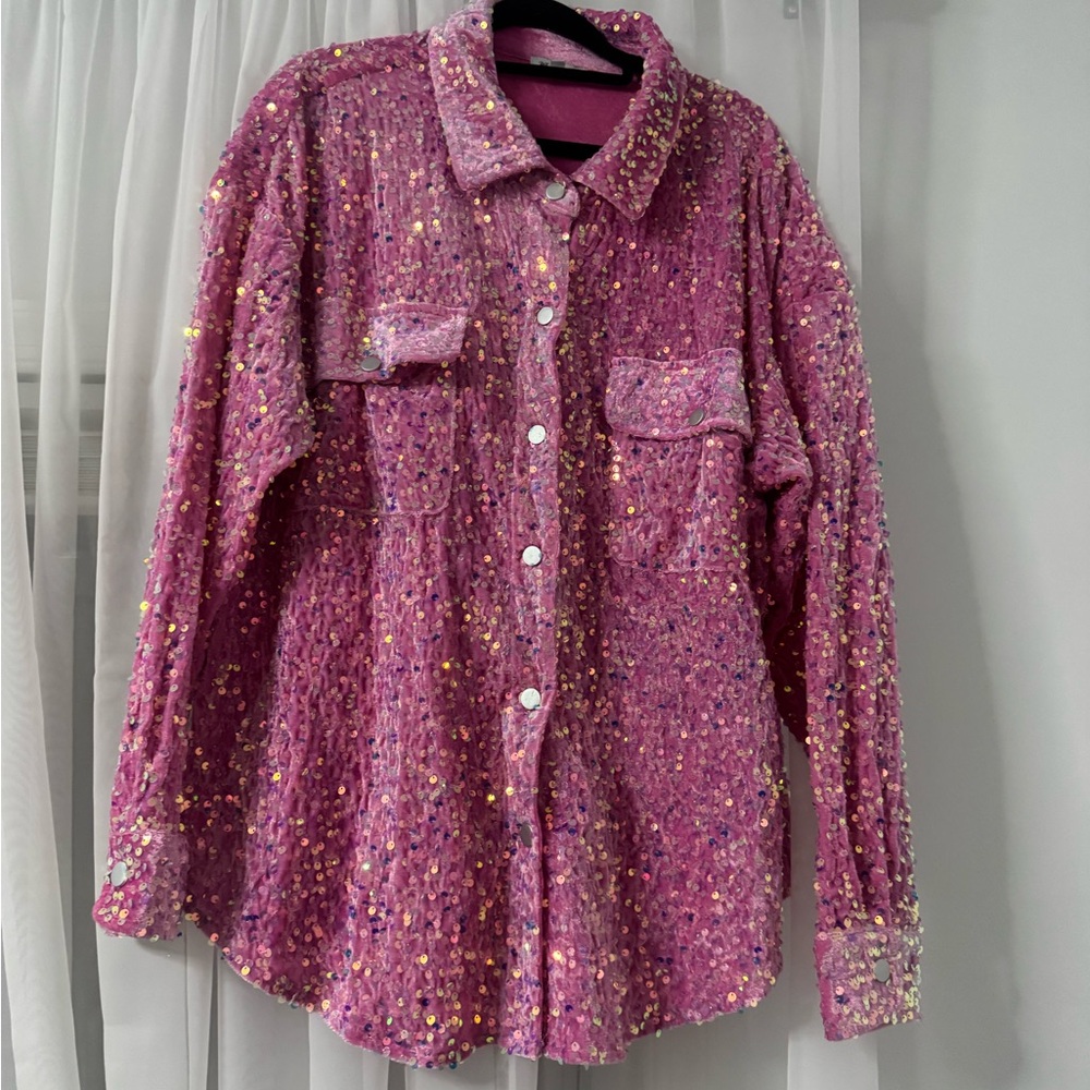 Girls' Pink Sequin Button-Up Shirt Jacket